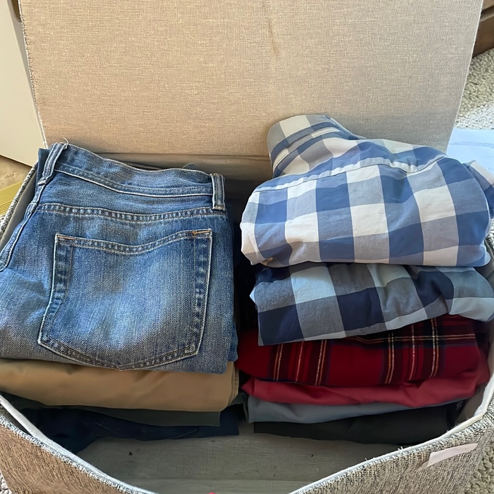 14 piece bundle: pants (khaki, denim), button downs, shorts, and swim trunks